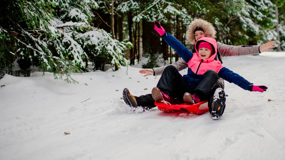 A mother and daughter sledding down a hill in a snowing forest.